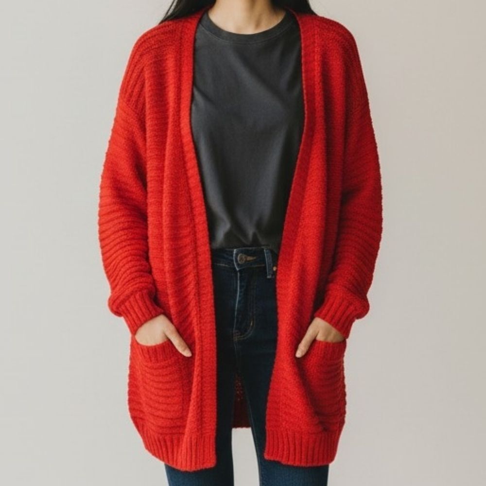 Red Open-Front Knit Cardigan Sweater